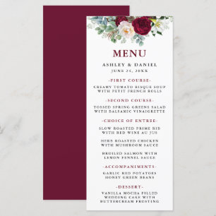 Waterverf Burgundy Floral Greenery Wedding Menu