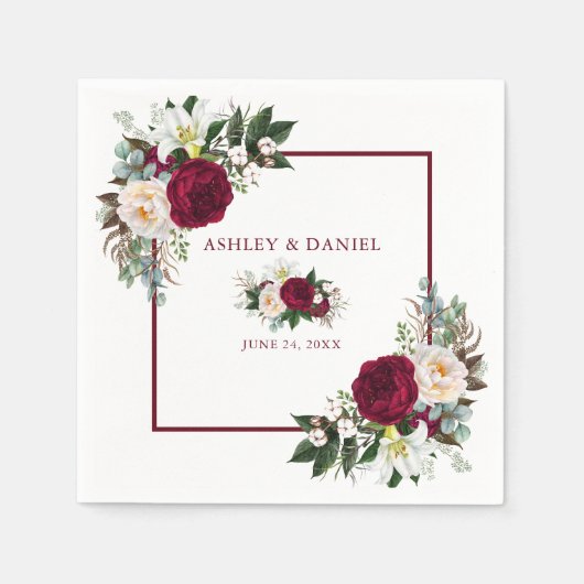Waterverf Burgundy Floral Greenery Wedding Servet (Voorkant)