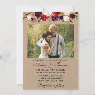 Waterverf Burgundy Floral Kraft Photo Wedding Kaart