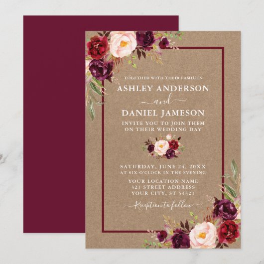 Waterverf Burgundy Floral Kraft Wedding Kaart (Voorkant / Achterkant)