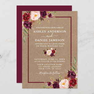 Waterverf Burgundy Floral Kraft Wedding Kaart