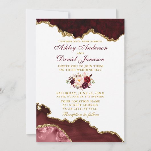 Waterverf Burgundy Floral Marble Geode Wedding Kaart (Voorkant)