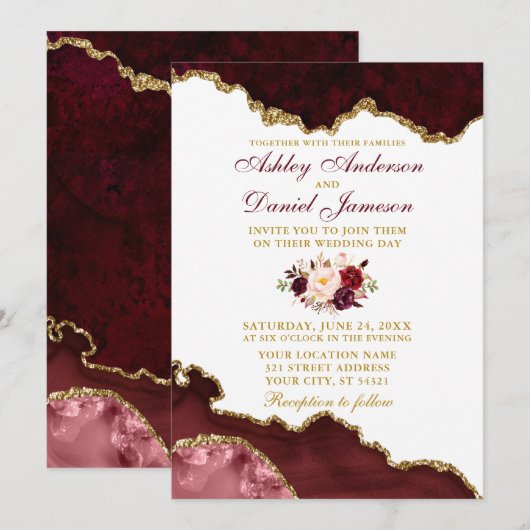 Waterverf Burgundy Floral Marble Geode Wedding Kaart (Voorkant / Achterkant)