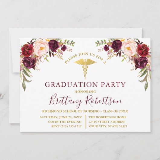 Waterverf Burgundy Floral Medical Afstudeerder Kaart (Voorkant)