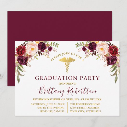 Waterverf Burgundy Floral Medical Afstudeerder Kaart (Voorkant / Achterkant)
