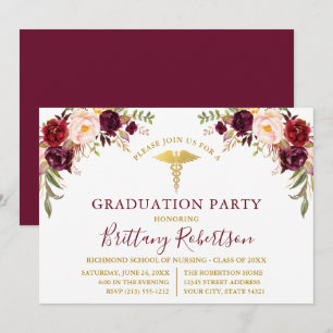 Waterverf Burgundy Floral Medical Afstudeerder Kaart