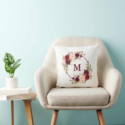 Waterverf Burgundy Floral Monogram Kussen (Stoel)