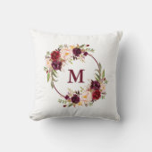 Waterverf Burgundy Floral Monogram Kussen (Voorkant)