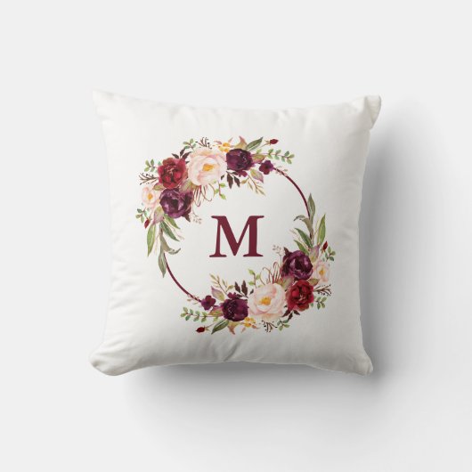 Waterverf Burgundy Floral Monogram Kussen (Voorkant)