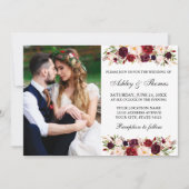 Waterverf Burgundy Floral Photo Wedding Kaart (Voorkant)