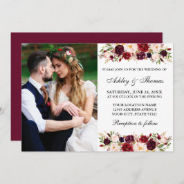 Waterverf Burgundy Floral Photo Wedding Kaart