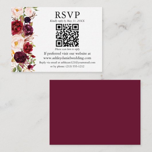 Waterverf Burgundy Floral QR RSVP bruiloft Informatiekaartje (Voorkant / Achterkant)