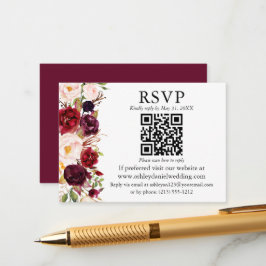 Waterverf Burgundy Floral QR RSVP bruiloft Informatiekaartje