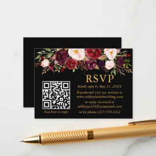 Waterverf Burgundy Floral QR Wedding RSVP Black Informatiekaartje