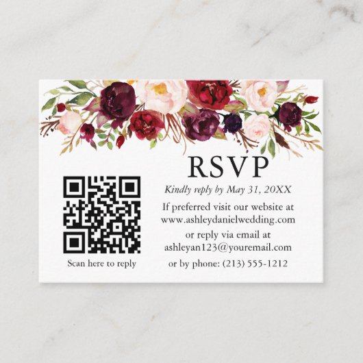 Waterverf Burgundy Floral QR Wedding RSVP Informatiekaartje (Voorkant)