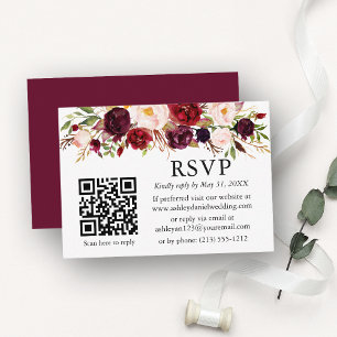 Waterverf Burgundy Floral QR Wedding RSVP Informatiekaartje