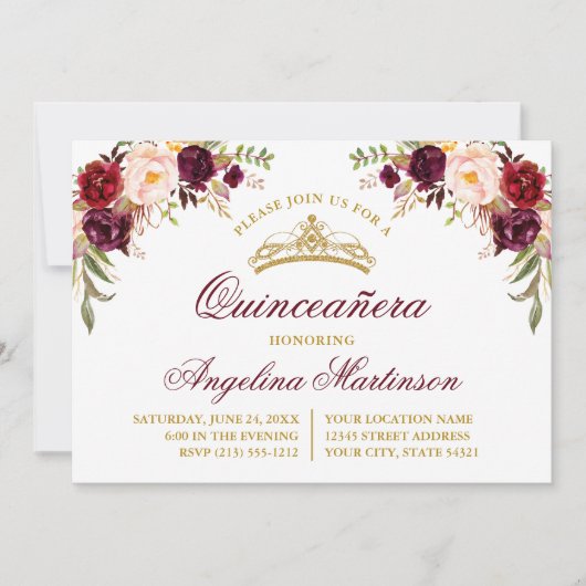 Waterverf Burgundy Floral Quinceanera Kaart (Voorkant)