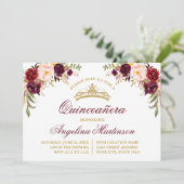 Waterverf Burgundy Floral Quinceanera Kaart (Staand voorkant)