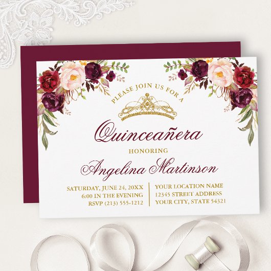 Waterverf Burgundy Floral Quinceanera Kaart