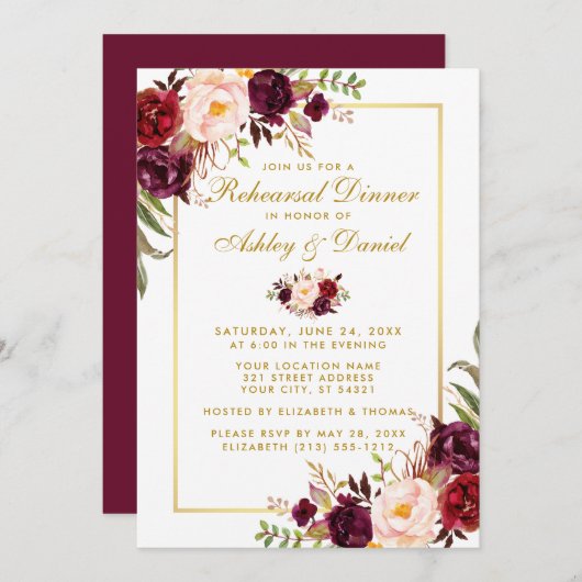 Waterverf Burgundy Floral repesal Dinner Gold Kaart (Voorkant / Achterkant)