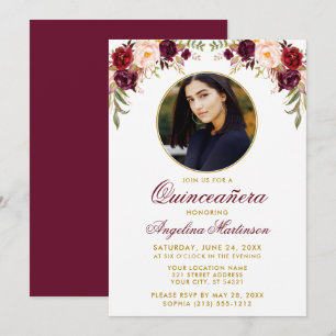Waterverf Burgundy Floral Round Lijst Quinceanera Kaart