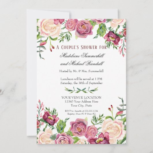 Waterverf Burgundy Floral-Rozen voor paren Kaart (Voorkant)