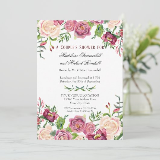 Waterverf Burgundy Floral-Rozen voor paren Kaart (Staand voorkant)