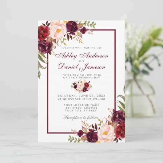 Waterverf Burgundy Floral Silver Wedding Kaart (Staand voorkant)