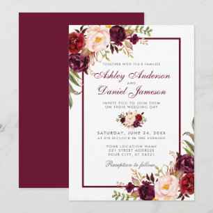 Waterverf Burgundy Floral Silver Wedding Kaart