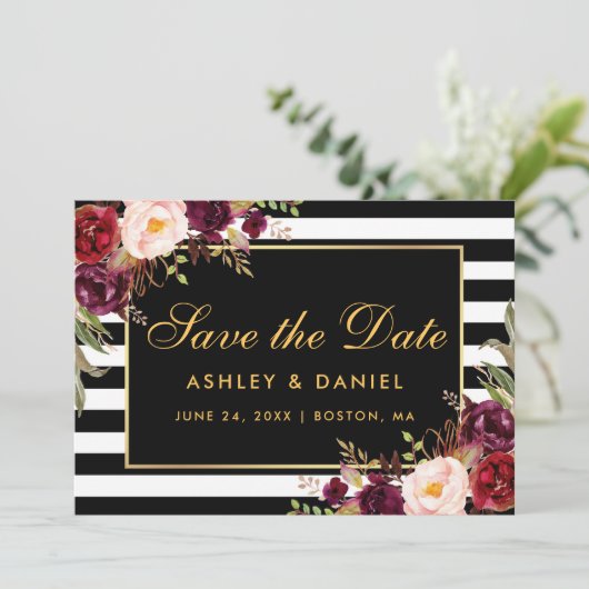 Waterverf Burgundy Floral Striped Save The Date (Staand voorkant)