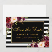 Waterverf Burgundy Floral Striped Save The Date (Voorkant / Achterkant)