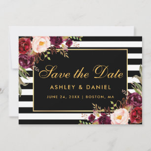 Waterverf Burgundy Floral Striped Save The Date