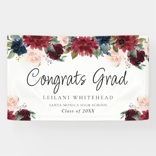 Waterverf Burgundy Floral van de Graduation Party Spandoek (Horizontaal)