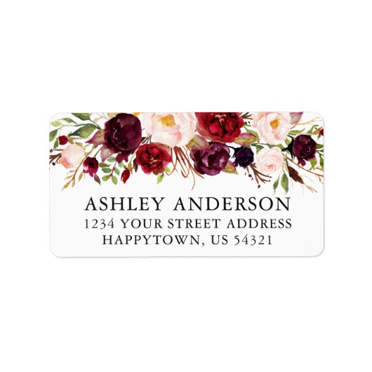 Waterverf Burgundy Floral Weddenschap Etiket (Voorkant)
