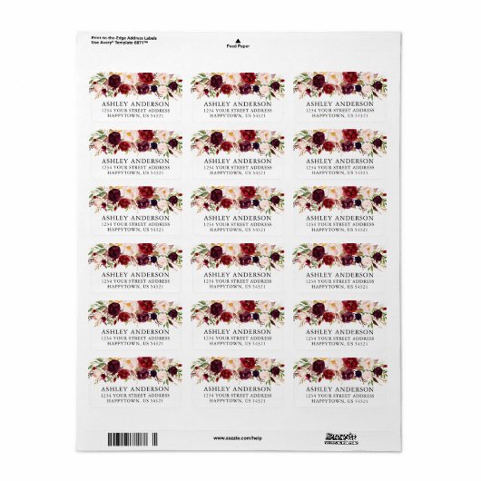 Waterverf Burgundy Floral Weddenschap Etiket (Full Sheet)