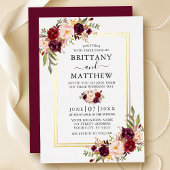 Waterverf Burgundy Floral Wedding 2 Lijst Gold Folie Uitnodiging