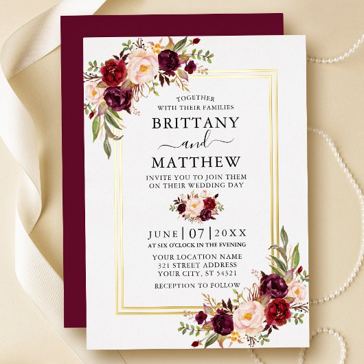 Waterverf Burgundy Floral Wedding 2 Lijst Gold Folie Uitnodiging