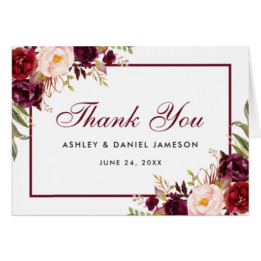 Waterverf Burgundy Floral Wedding Bedankt B Opmerk (Voorkant Horizontaal)