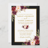 Waterverf Burgundy Floral Wedding Black Gold Kaart (Voorkant)
