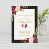 Waterverf Burgundy Floral Wedding Black Gold Kaart (Staand voorkant)