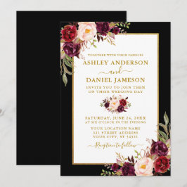 Waterverf Burgundy Floral Wedding Black Gold Kaart