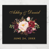 Waterverf Burgundy Floral Wedding Black Gold Sparkling Wijnetiket (Enkel label)
