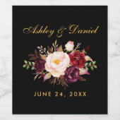 Waterverf Burgundy Floral Wedding Black Gold Wijn Etiket (Enkel label)