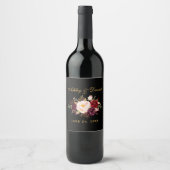 Waterverf Burgundy Floral Wedding Black Gold Wijn Etiket (Voorkant)