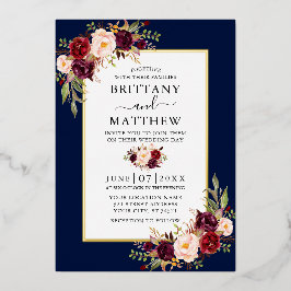 Waterverf Burgundy Floral Wedding Blue Gold Folie Uitnodiging