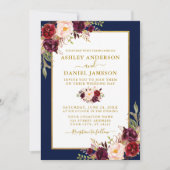Waterverf Burgundy Floral Wedding Blue Gold Kaart (Voorkant)