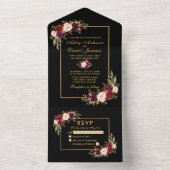 Waterverf Burgundy Floral Wedding Gold All In One Uitnodiging (Binnen)