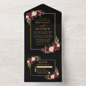 Waterverf Burgundy Floral Wedding Gold Black All In One Uitnodiging (Binnen)