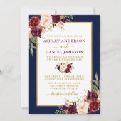 Waterverf Burgundy Floral Wedding Gold Blue Kaart (Voorkant)