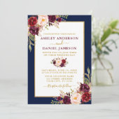 Waterverf Burgundy Floral Wedding Gold Blue Kaart (Staand voorkant)